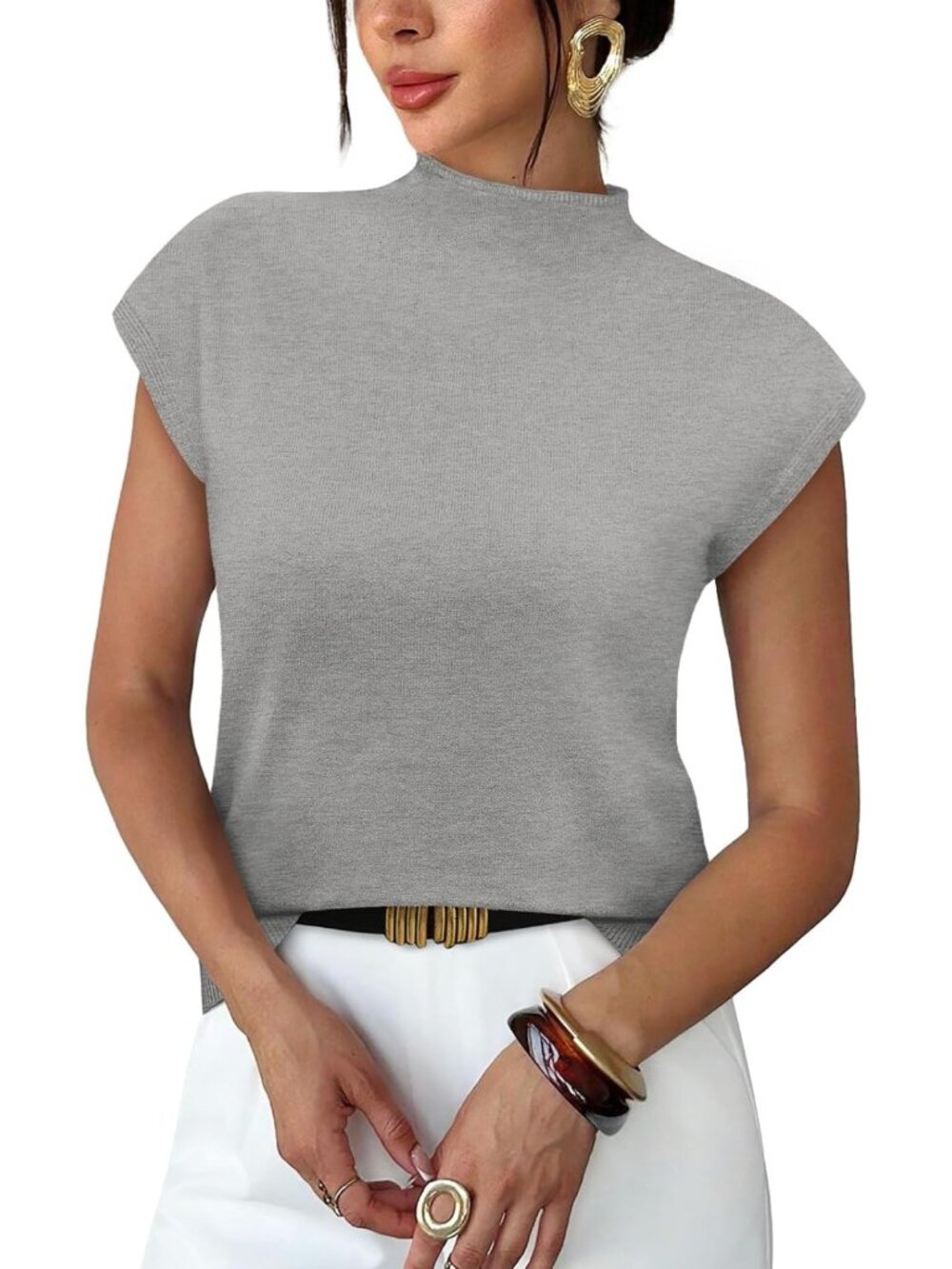Chic Women's Short Sleeve Mock Neck Sweater Top - Casual Knit Pullover Shirt